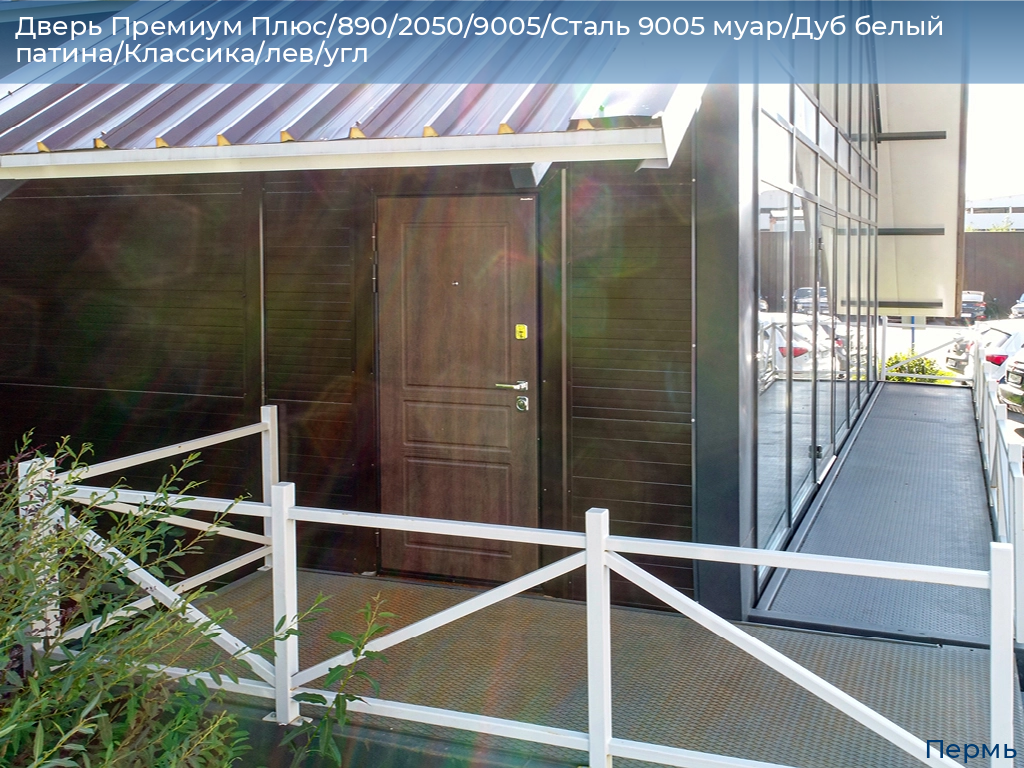 Дверь Премиум Плюс/890/2050/9005/Сталь 9005 муар/Дуб белый патина/Классика/лев/угл, perm.doorhan.ru