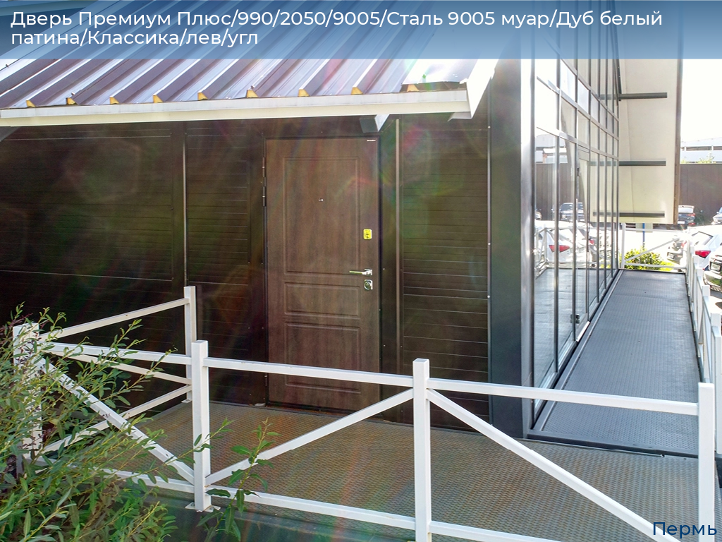 Дверь Премиум Плюс/990/2050/9005/Сталь 9005 муар/Дуб белый патина/Классика/лев/угл, perm.doorhan.ru